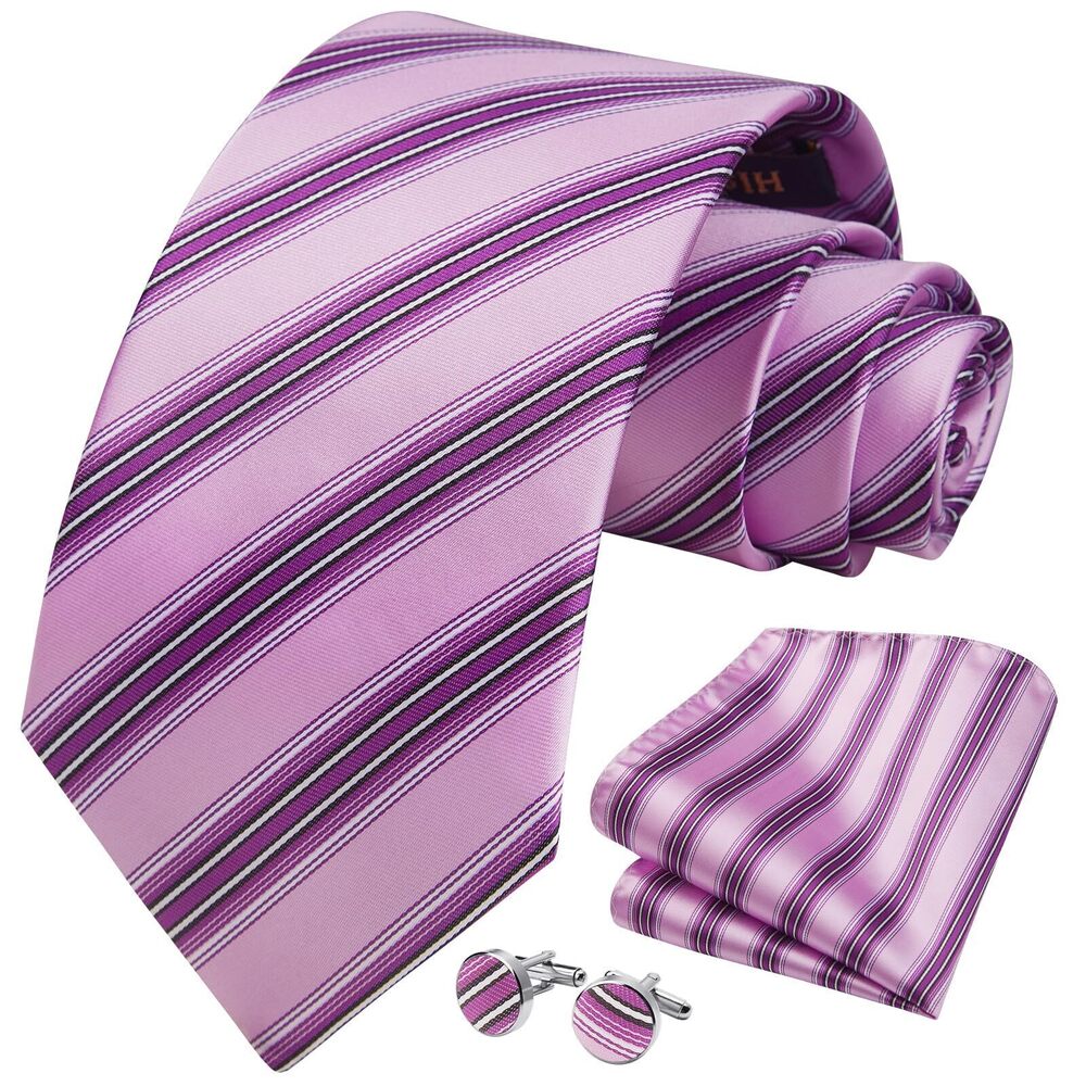 3227 Pink Ties Classic Stripe Tie and Pocket Square Cufflinks Set Woven